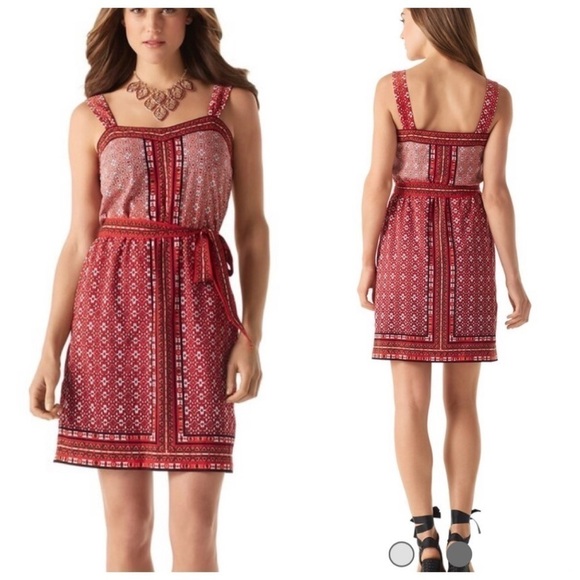 WHBM Red Labyrinth Print Chemise Dress Aztec Medium Tie Waist Cocktail Wedding - Picture 1 of 8